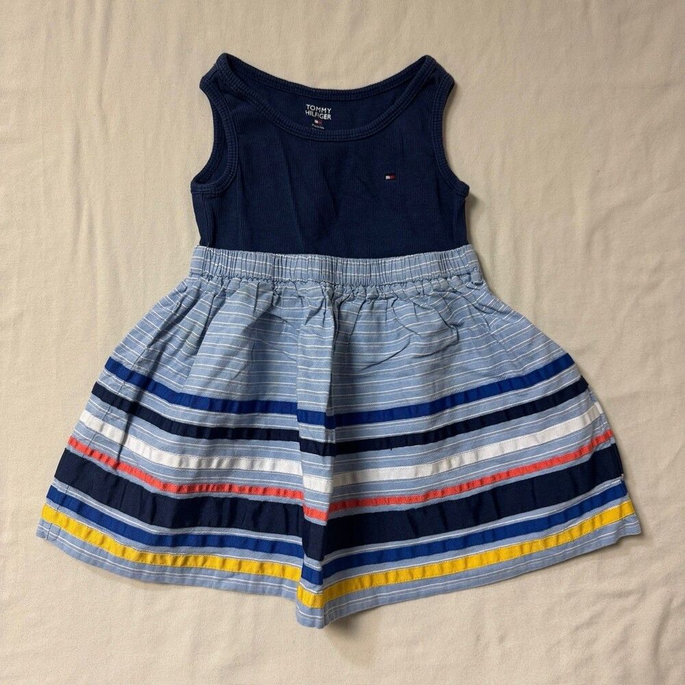 Tommy Hilfiger Dress Girls 2T Navy Blue Sleeveless Striped Toddler Preppy Logo